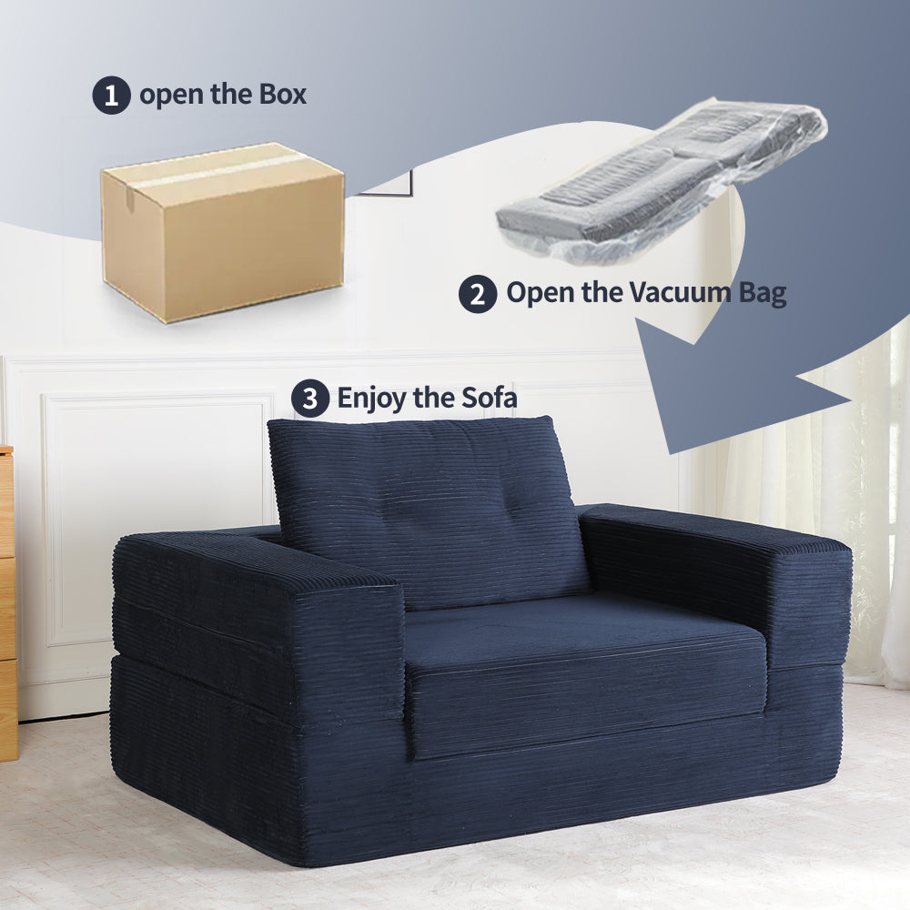 3-in-1 Floor Sofa Bed for Humans & Pets | No-Assembly Corduroy Lounger with Memory Foam & Pillow — Dark Blue