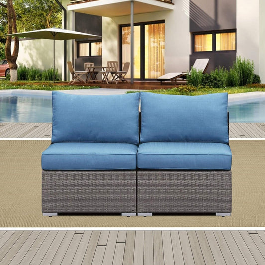 Outdoor Patio Sofa Set PE Rattan Blue 2 Piece Armless Modular