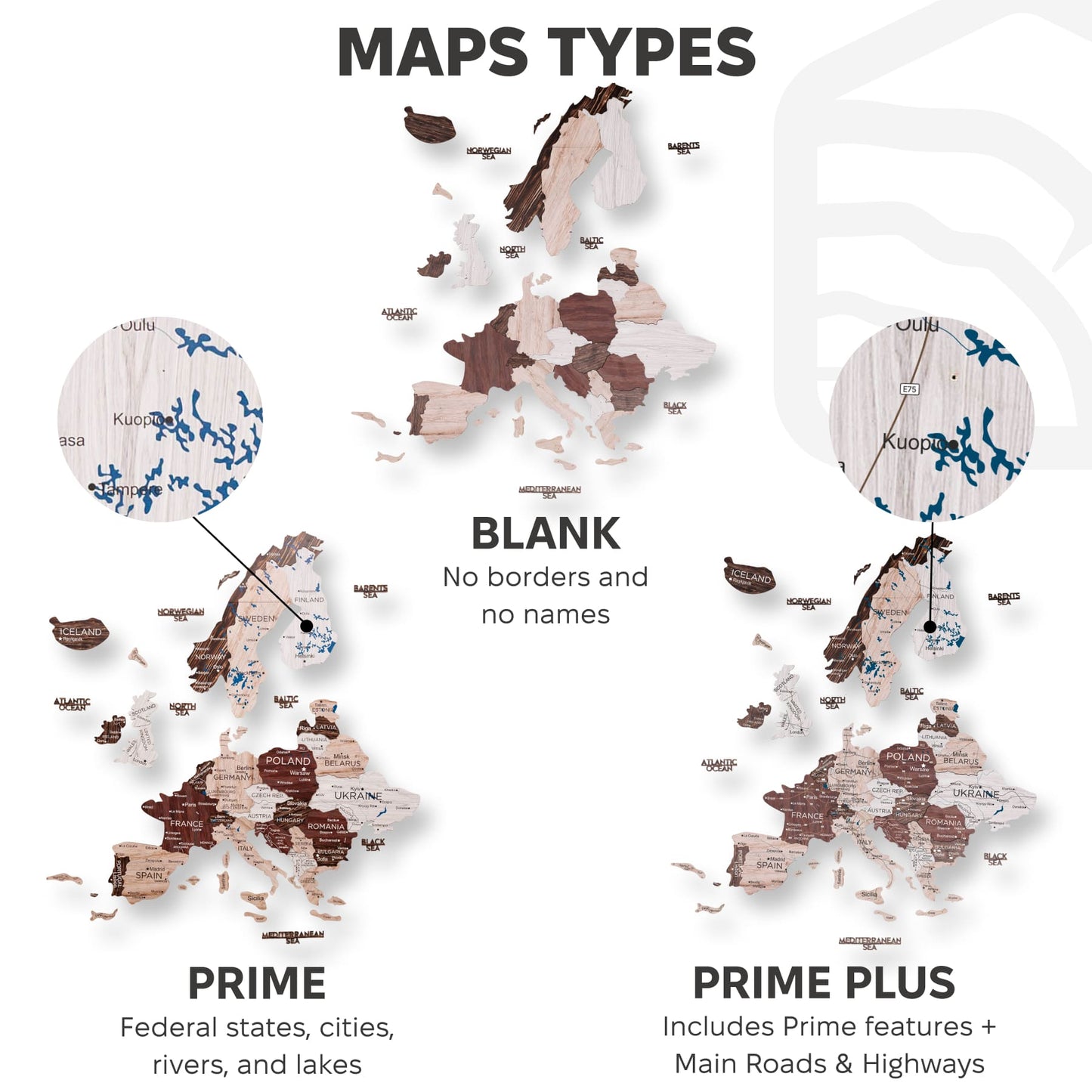 3D Europe Wooden Map Cappuccino
