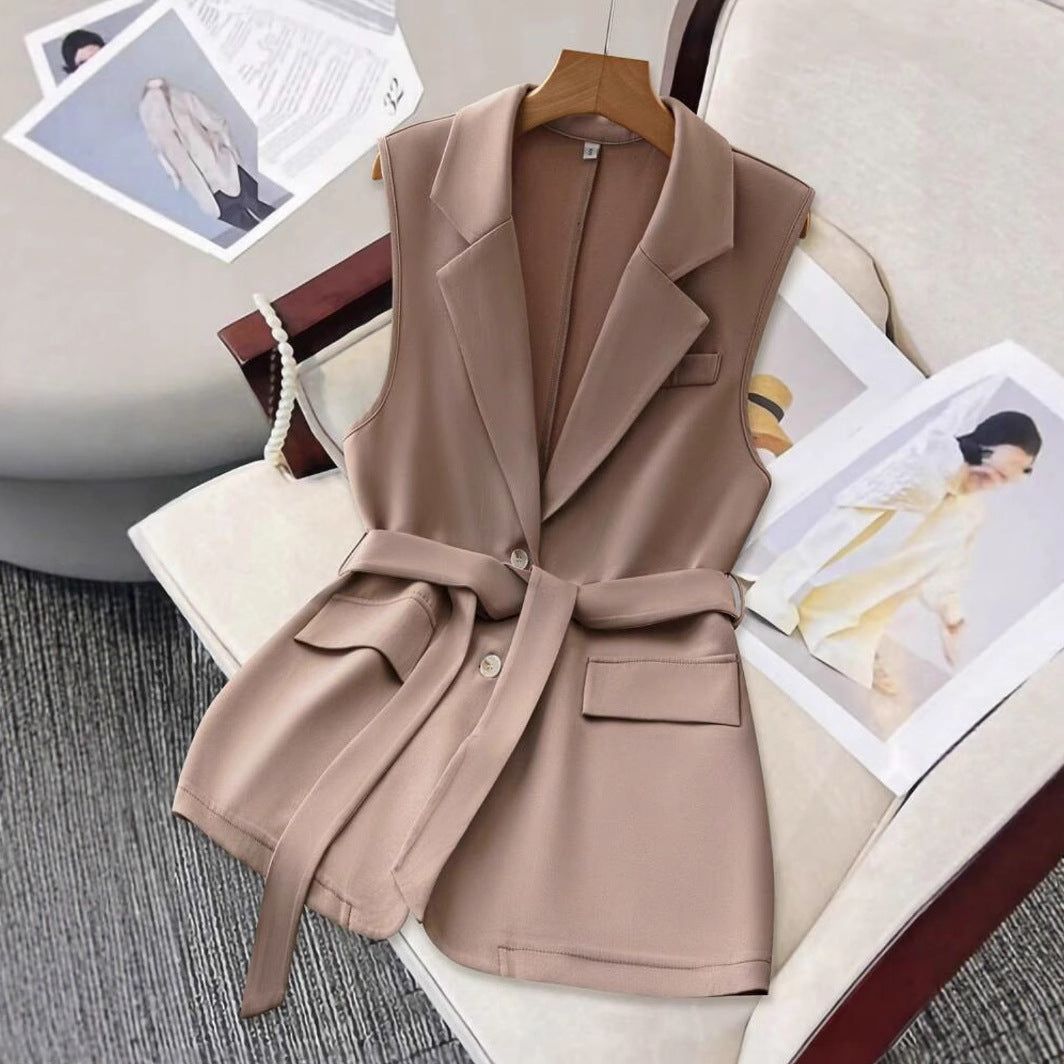 Womens Solid-Color Blazer-Style Loose-Fit Vest With Ties