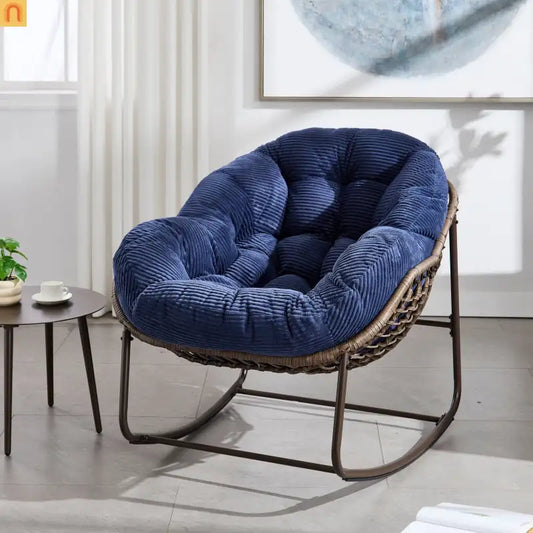 Outdoor Rocking Chair Rattan Steel Navy Blue Cushion Oversized 250 LB