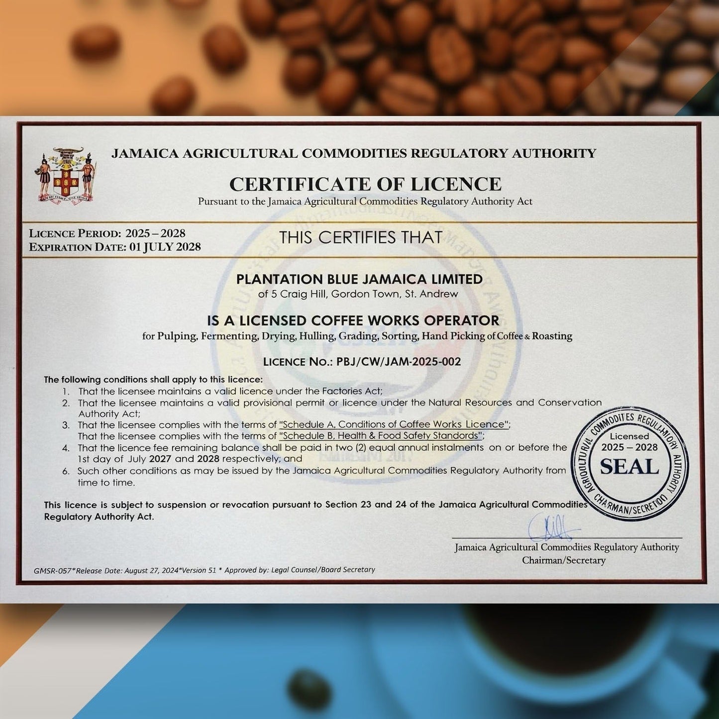 Plantation Blue 100% Jamaica Blue Mountain Premium Coffee (16 oz - medium roasted whole beans)
