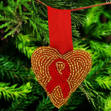 Custom Red Ribbon & Gold Heart Ornament