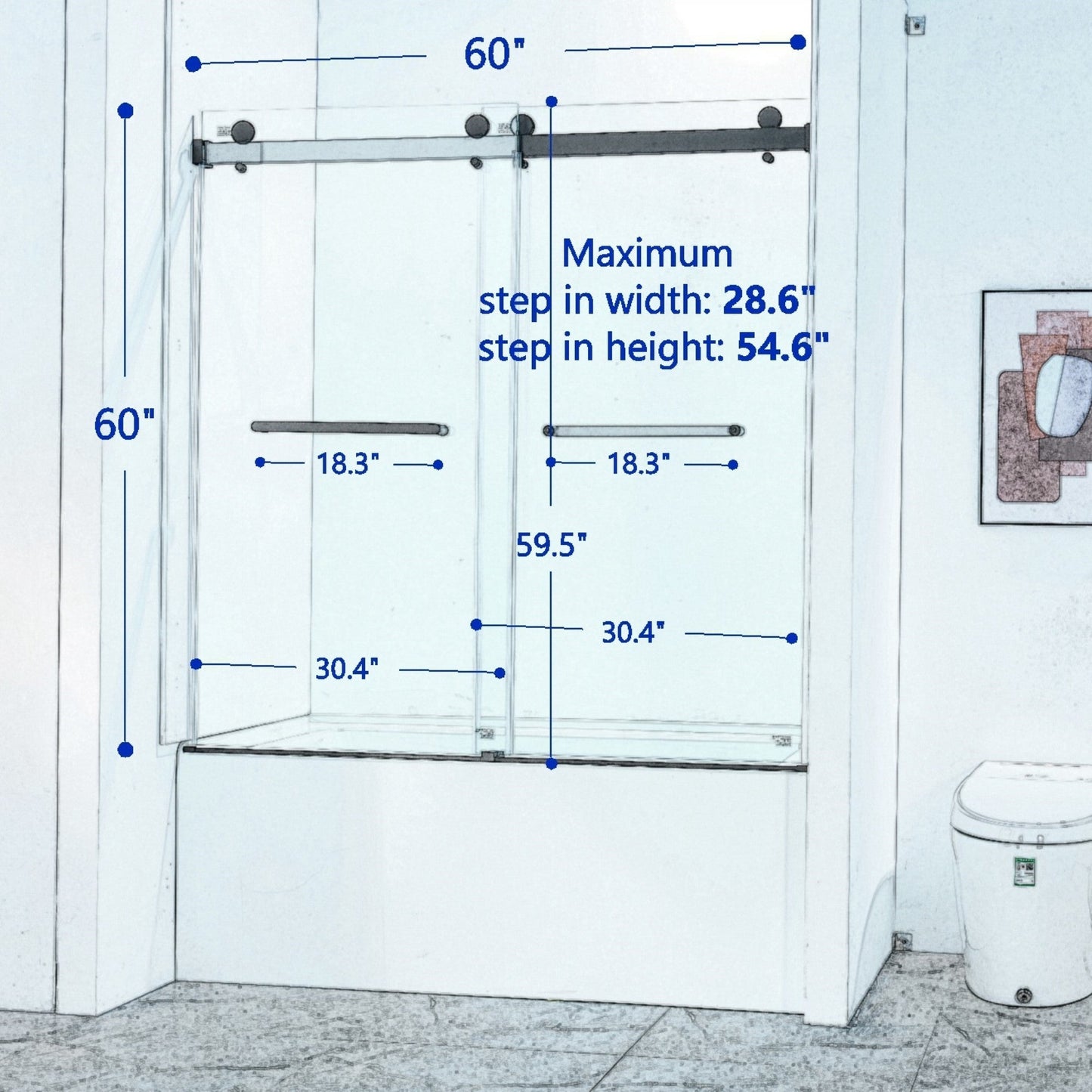 56-60in W x 60in H Frameless Double Sliding Tub Shower Door, Matte Black, 8mm