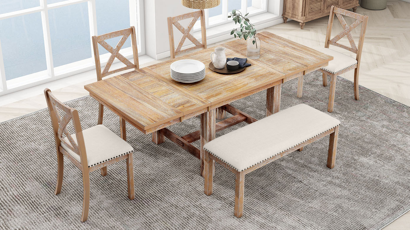 Farmhouse 82inch 6-Piece Extendable Dining Table with Footrest, 4 Upholstered
