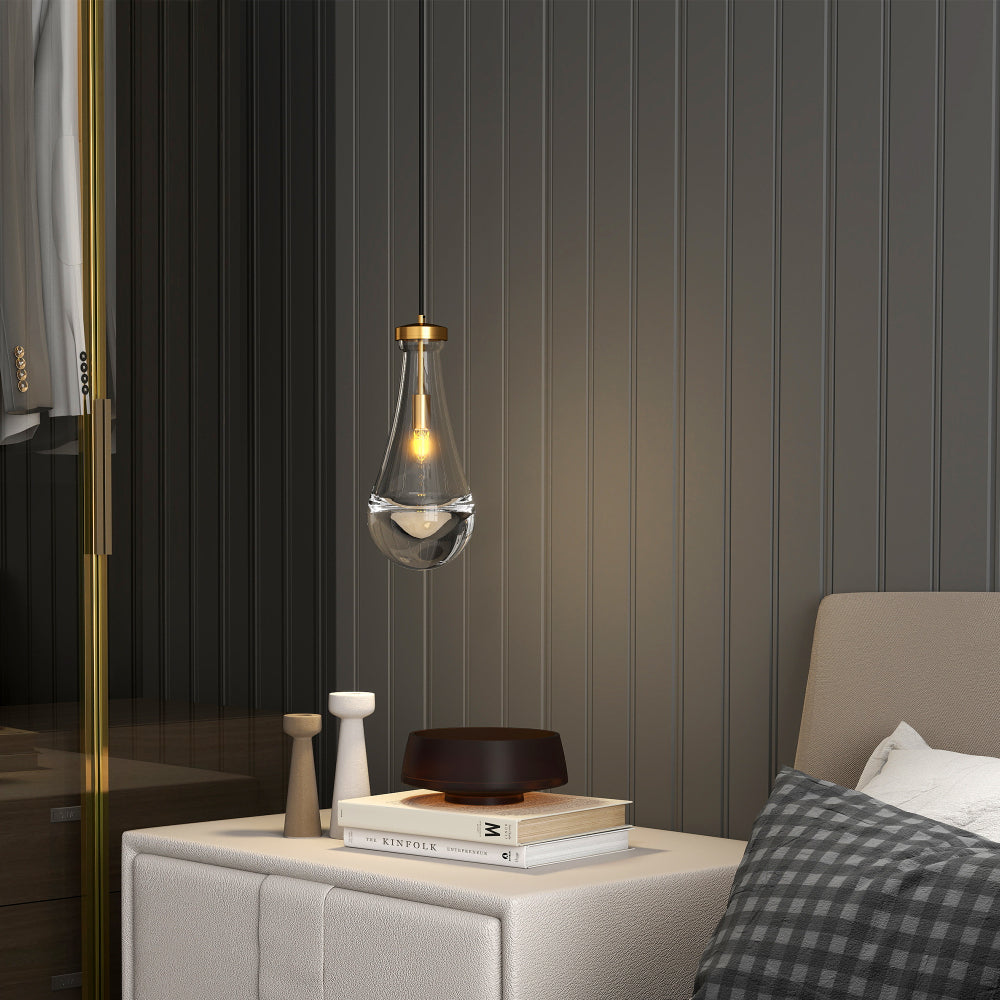 Raindrop Pendant Light – Hand-Blown Clear Glass Shade & Brass/Black Rod | Kitchen Island, Dining Room & Entryway