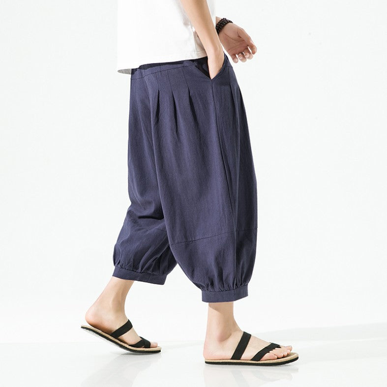 Mens Casual Cotton-Linen Wide-Leg Pants
