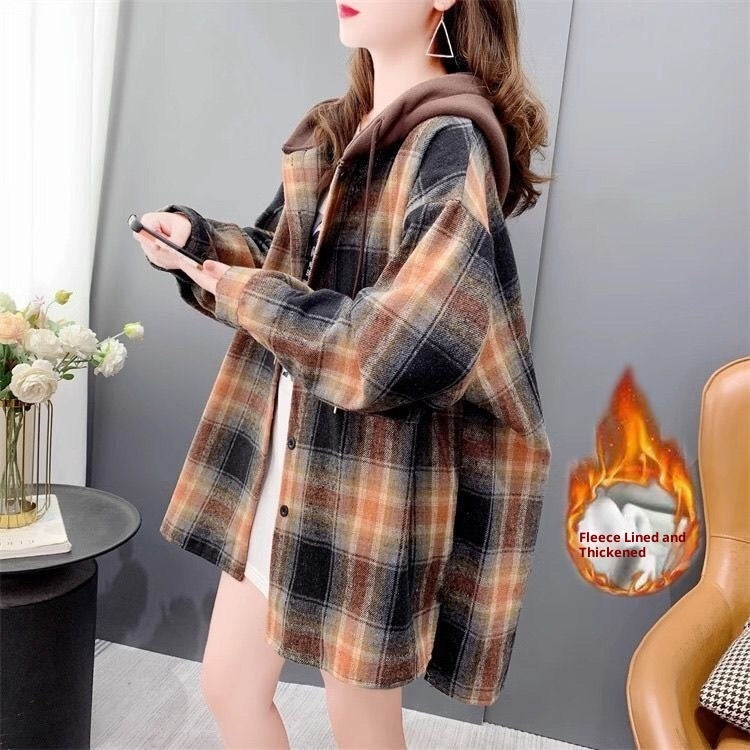 Casual Joker Hooded And Velvet Padded Plaid Shirt