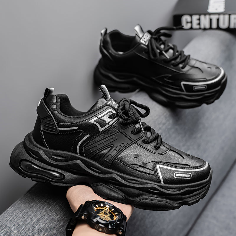 New Summer Men's Breathable Shoes, Trendy Versatile Thick Sole Height Boost Casual Athletic Sneakers, Black Trendy Dad Shoes For Men