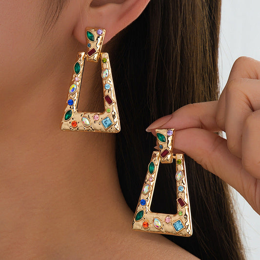 Luxury Exaggerated Geometric Drop Earrings For Women, Vintage High-End Statement Earrings With Multicolor Rhinestones