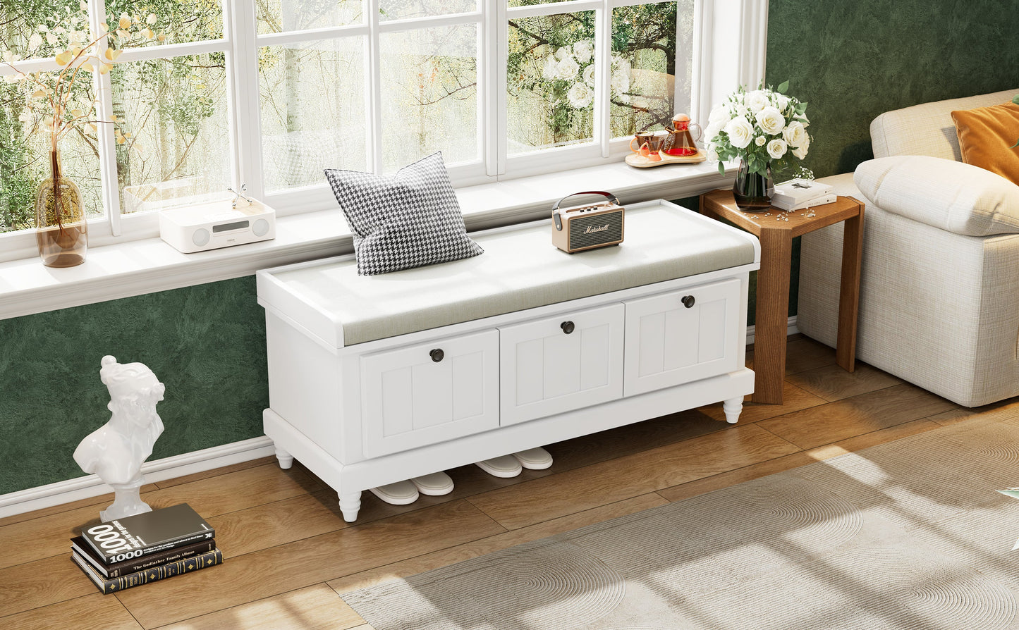 Entry Bench Fluted MDF White Cushioned Seat 3 Drawers 44x16x19