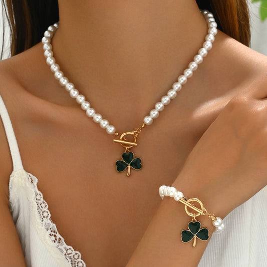2026 Minimalist Heart Clover Women Jewelry Set, Niche Beaded Design Matching Clavicle Chain & Bracelet, Elegant Daily Matching Accessories