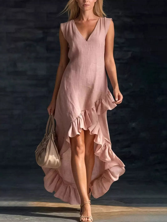 Full Size V-Neck Ruffle Hem High-Low Dress Plus Size