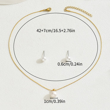 Minimalist Japanese Korean Style Geometric Pearl Jewelry Set, Niche Inlaid Craft Design Necklace & Sweet Versatile Earrings For Women
