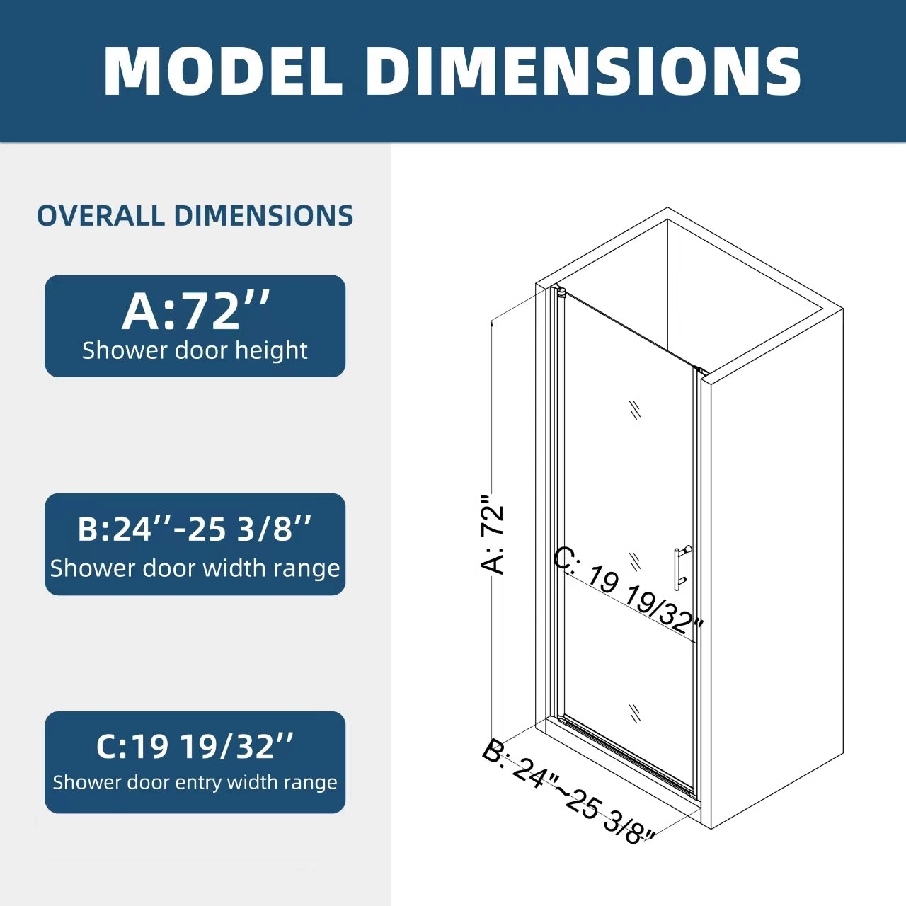 Universal Pivot Shower Door 24x72 Inch Matte Black 1/4' Tempered Glass Outswing