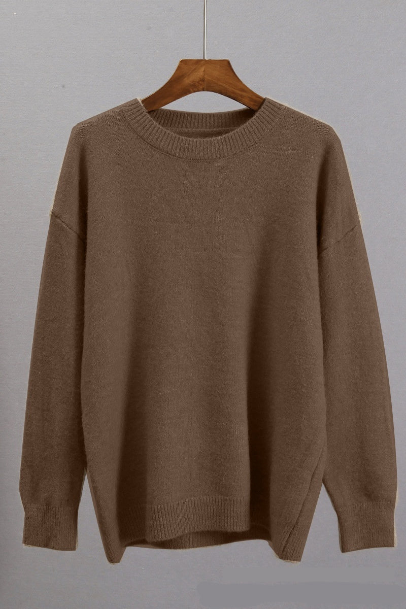Womens Knitted Crew-neck Solid-color Loose Sweater