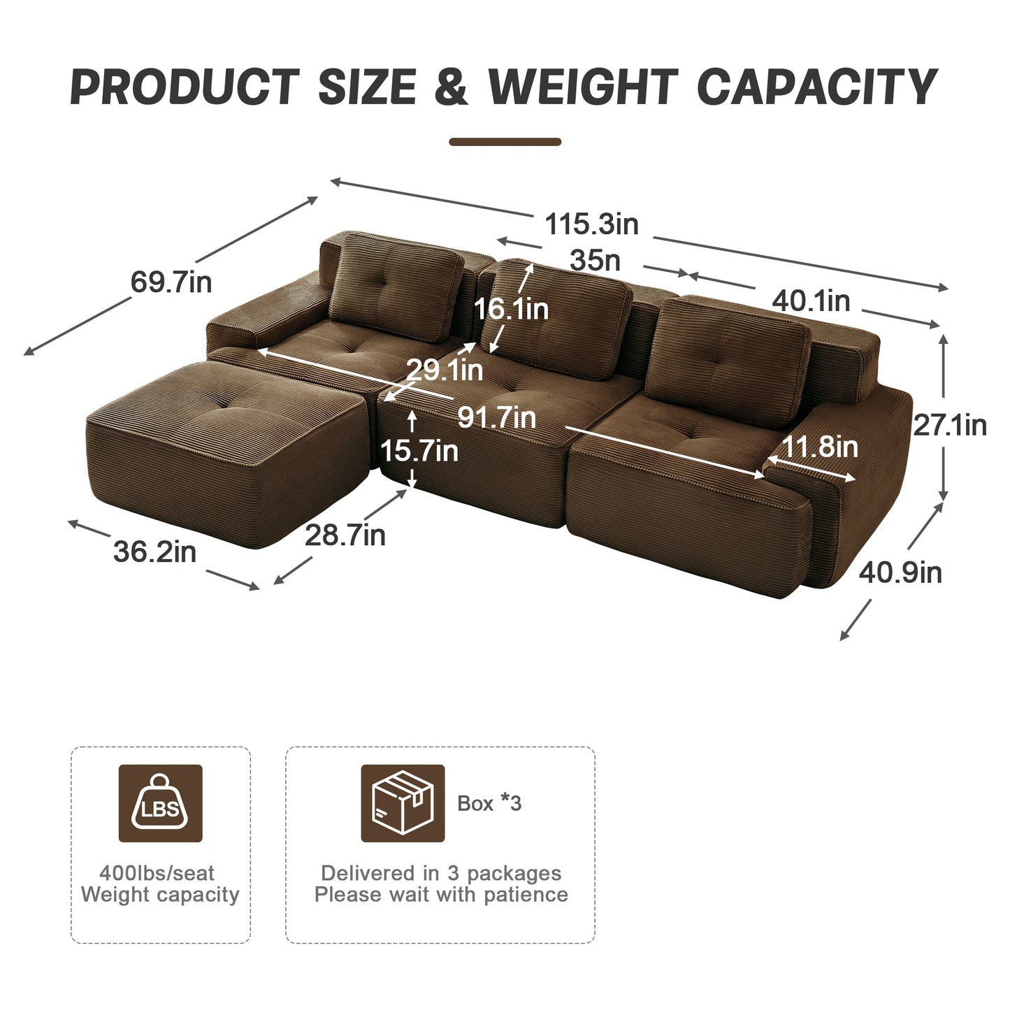 Sectional Sofa L-Shape Corduroy Brown 3 Seat Modular with Ottoman