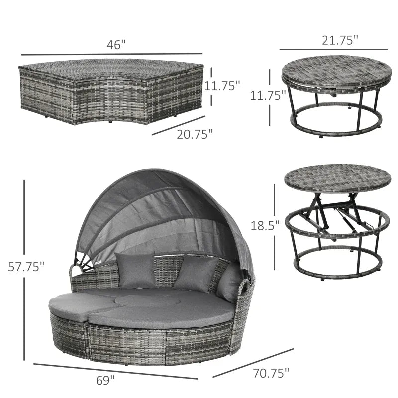 Outdoor Round Daybed Set PE Rattan Gray 4 Piece Canopy 352 lb Capacity