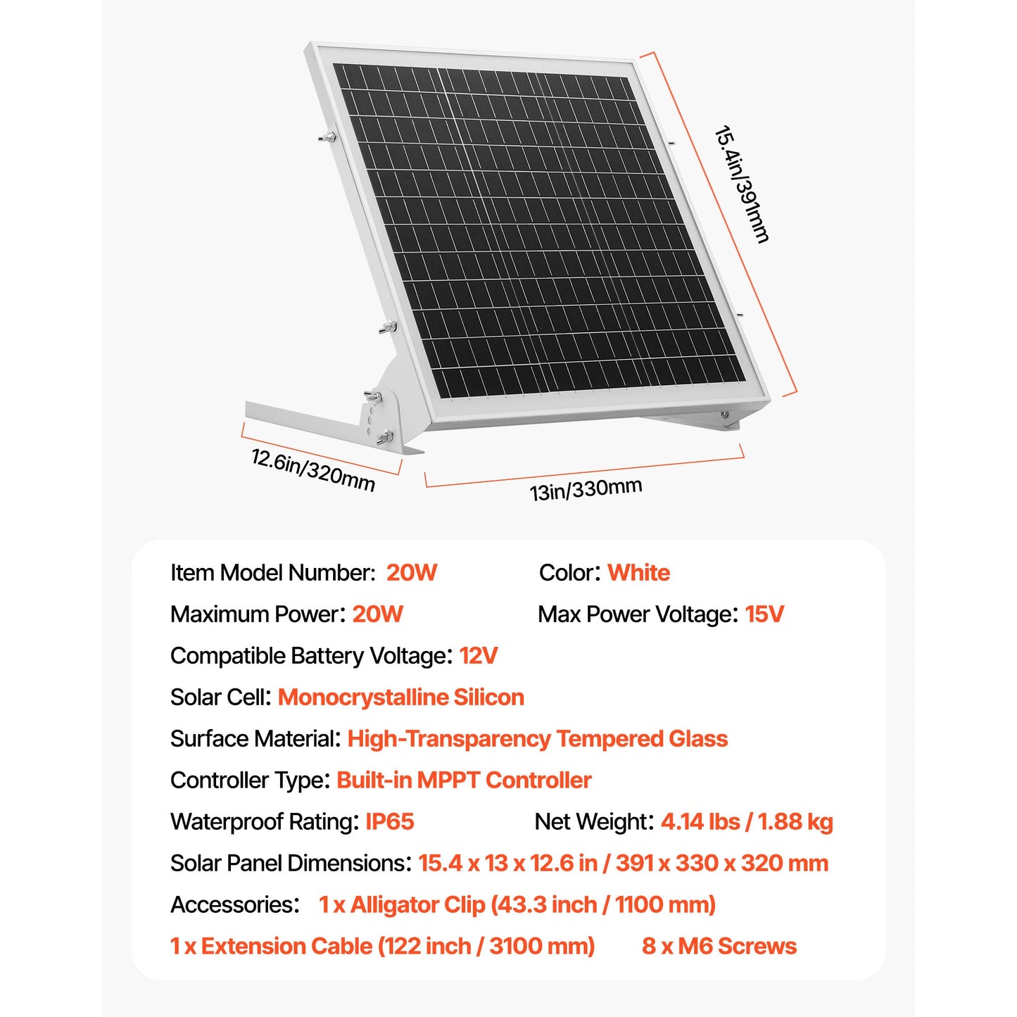 20W 12V Solar Battery Trickle Charger, MPPT Controller, IP65, Car Boat RV