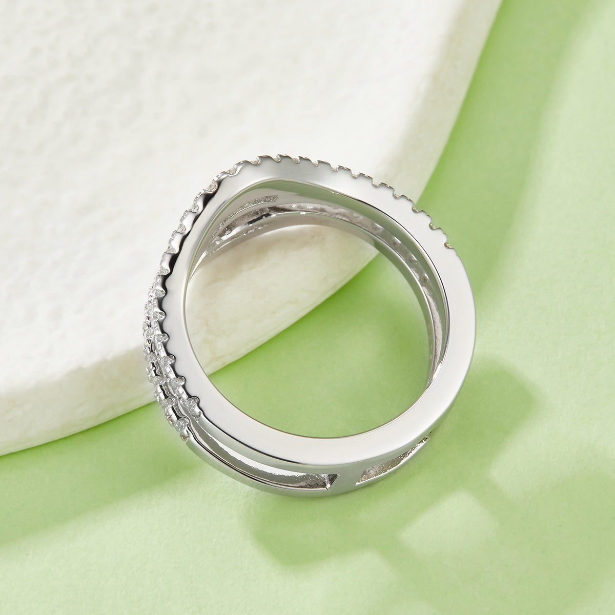S925 Sterling Silver Double Band Ring, 54 D-VVS1 Moissanite Pave, Platinum Plated 4.7g US Sizes 5-9, GRA Certified Gift Box