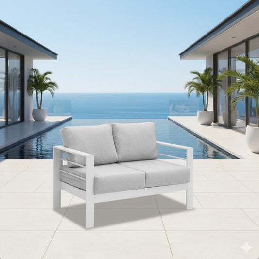 Outdoor Loveseat Aluminum White Gray Cushion 50in 600 lb Capacity