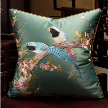 Embroidered Magpies Silk‑Like Pillowcase – Asian Home Decor 18" × 18"