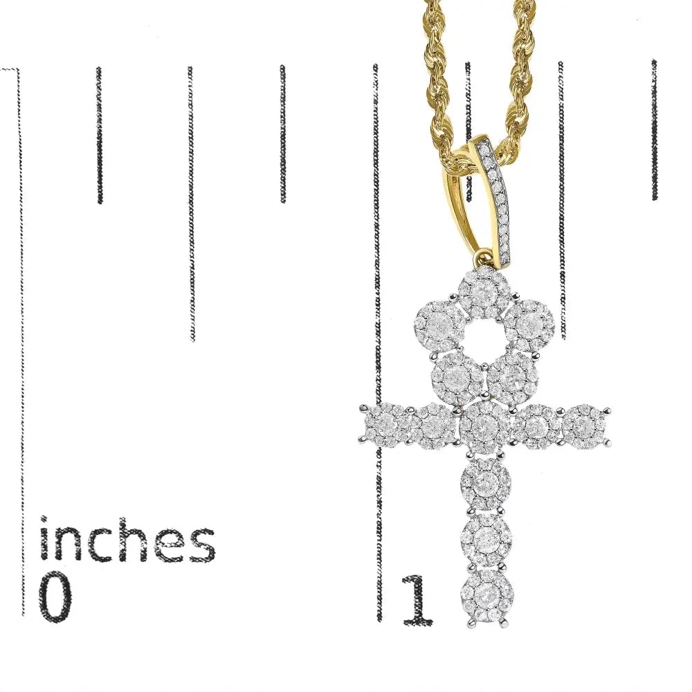 Diamond Cluster Ankh Cross Pendant Necklace in 10K Yellow Gold – 1 3/4 Cttw
