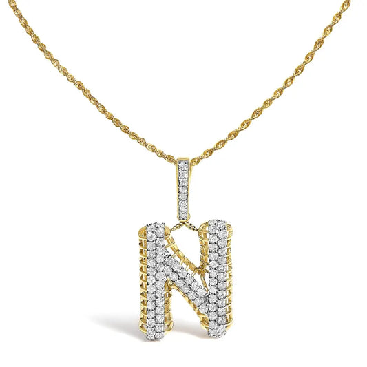 Diamond Letter N Initial Pendant Necklace in 10K Yellow Gold – 1 1/2 Cttw
