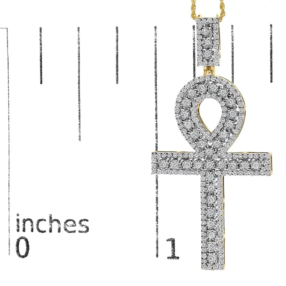 Diamond Pavé Ankh Cross Pendant Necklace in 10K Yellow Gold – 1.00 Cttw
