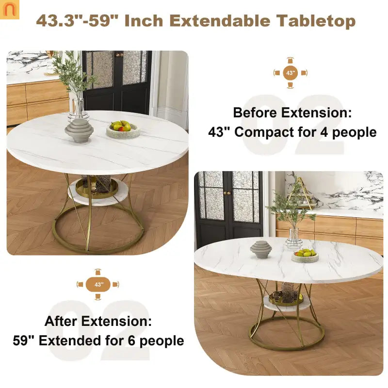 Oval Marble Dining Set Extendable White Gold Base Seats 6