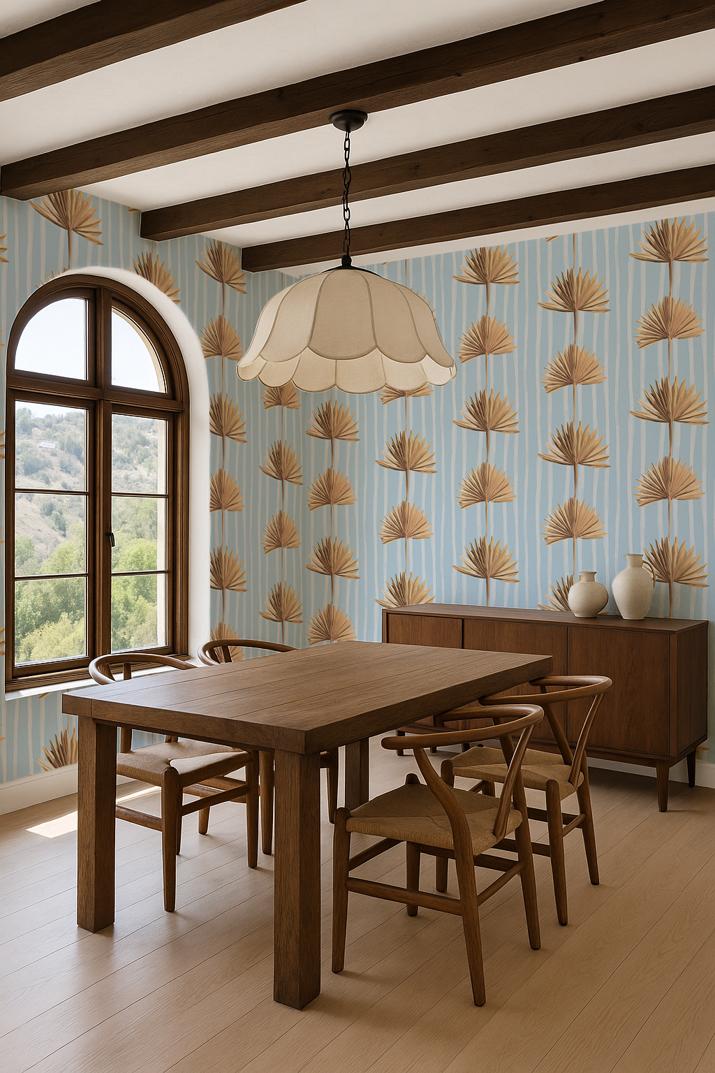 Stripey Palm Wallpaper, light blue and tan