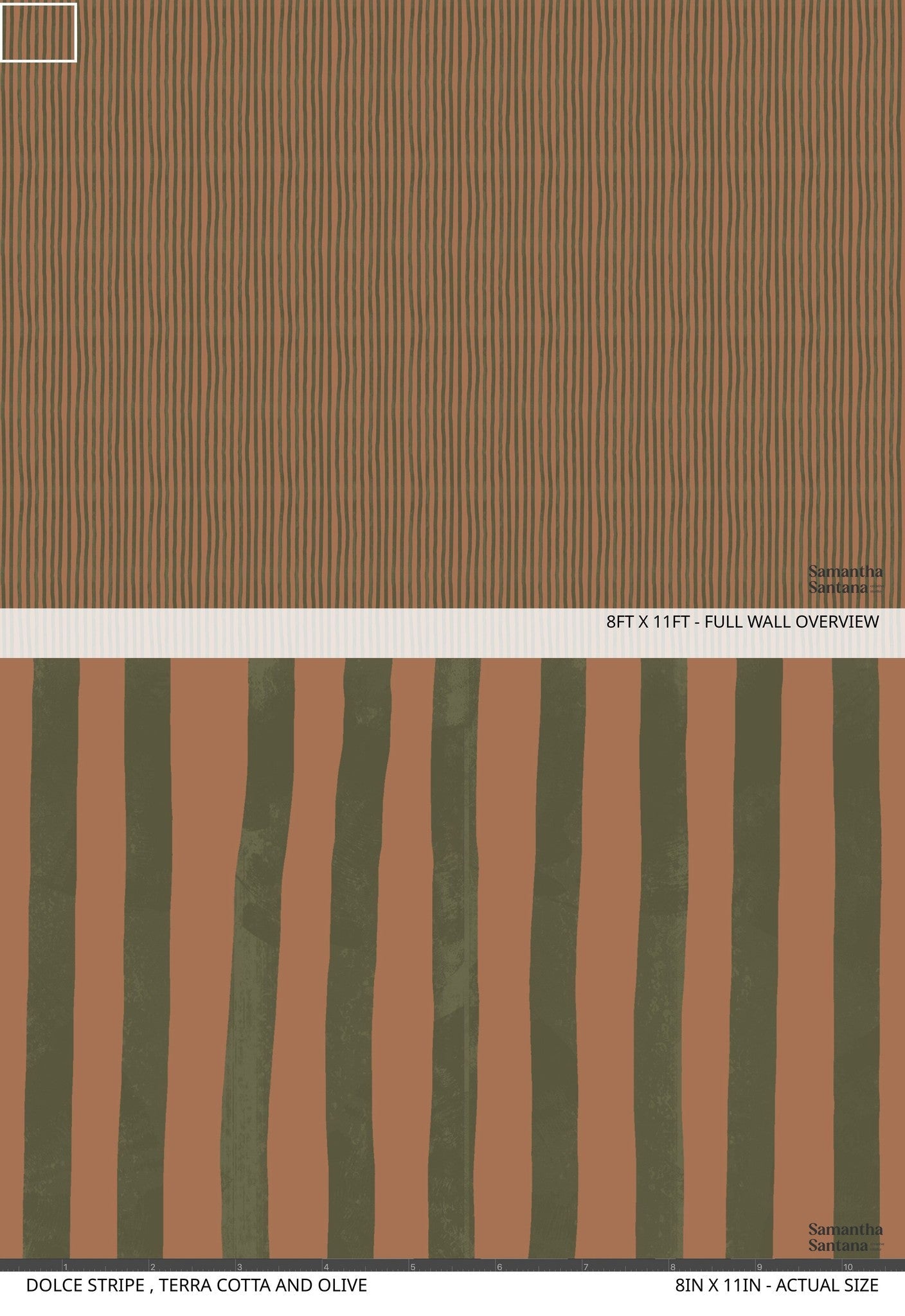 Dolce Stripe Wallpaper, terra cotta and olive