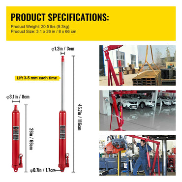 Hydraulic Long Ram Jack, 3 Tons/6600 lbs Capacity, with Single Piston Pump and Clevis Base, Manual Cherry Picker with Handle, for Garage/Shop Cranes, Engine Lift Hoist, Red