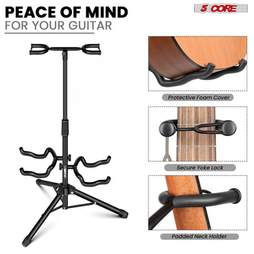 Guitar Stand Adjustable Double Guitars Stands Floor w Neck Holder Universal Supports for Acoustic Electric Classic Bass Instrument Folding Portable Black - GSH 2N1