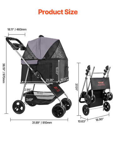 Pet Stroller - 35 lbs Weight Capacity, Foldable Dog Stroller Cart, 4 Wheels Cats Pram with Detachable Carrier & Mesh Windows, Portable Animal Carrier with Brake for Small to Medium Pets