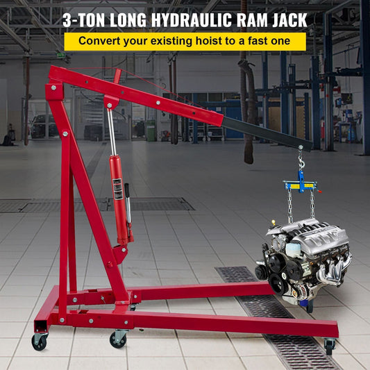 Hydraulic Long Ram Jack, 3 Tons/6600 lbs Capacity, with Single Piston Pump and Clevis Base, Manual Cherry Picker with Handle, for Garage/Shop Cranes, Engine Lift Hoist, Red