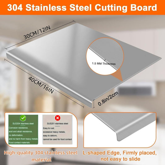 XXL 304 Stainless Steel Cutting Board Anti-Slip & Mildew-Proof! No More Moldy Wooden Boards | Heavy-Duty & Food-Safe, Easy to Clean – Chop Meat, Knead Dough, Bake Prep All-in-One | Must-Have for Home