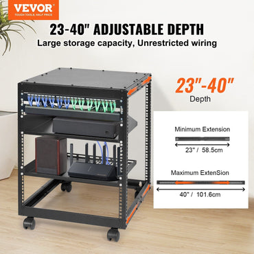12U Open Frame Server Rack, 23-40 in Adjustable Depth, Free Standing or Wall Mount Network Server Rack, 4 Post AV Rack with Casters, Holds All Your Networking IT Equipment AV Gear Router Modem