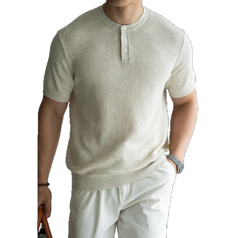 Mens Casual Short-sleeved Knit Top With A Half-placket