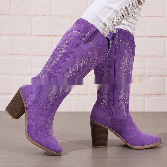 Autumn New Pointed Mid Heel High Tube Embroidered Denim Boots