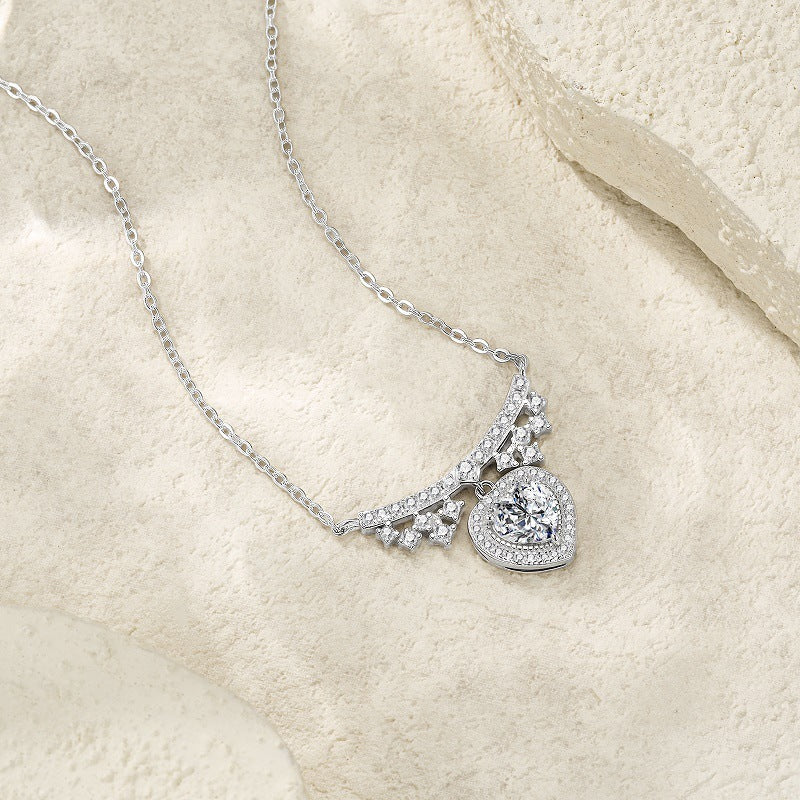 S925 Sterling Silver Heart Moissanite Necklace, 1ct D-VVS1 Pendant With Pave Bar, Platinum Plated 40&45cm Chain, 4.2g GRA Certificate Gift Box