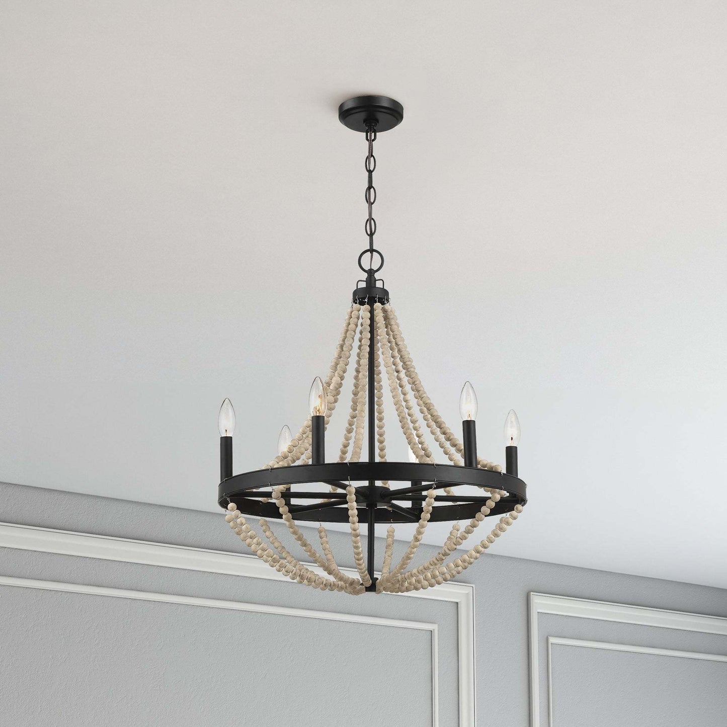 Chandelier Farmhouse Wood Beaded 6-Light Black Metal Glass 22 In