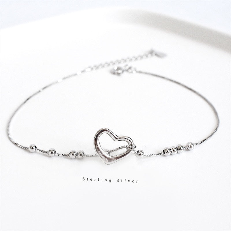 1pcs 999 Sterling Silver Box Chain Hollow Heart Beaded Adjustable Anklet, Sweet Minimalist Style, For Summer Beach Wear & Women Valentine Gifts