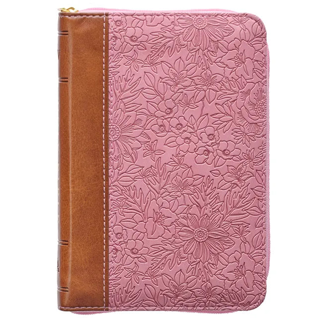 KJV Holy Bible, Mini Pocket Size, Faux Leather Red Letter Edition - Ribbon Marker, King James Version, Pink/Saddle Tan, Zipper Closure - Leather