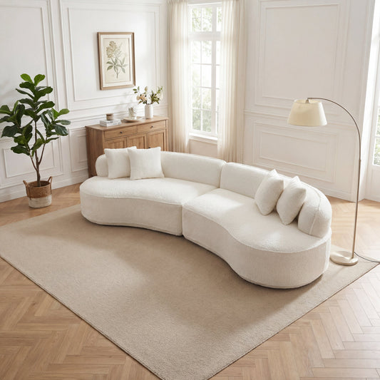 Sofa Curved L-Shape Boucle White 4 Seat 114 In No Assembly