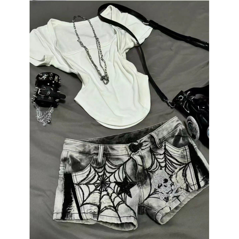 Womens American-style Spiderweb Print Diamond Skull And Star Denim Shorts