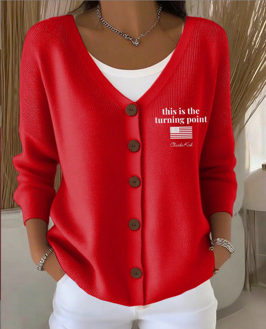Womens Printed Knitted Sweater With Buttons Printed Cardigan