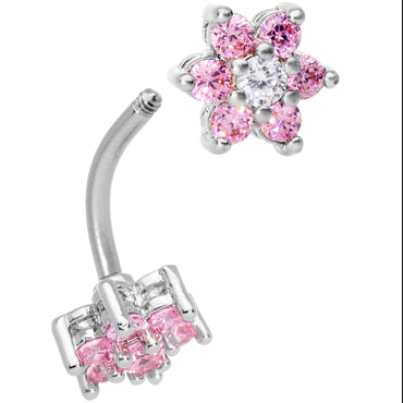 Clear Pink Gem Double Star Reversible Double Mount Belly Ring