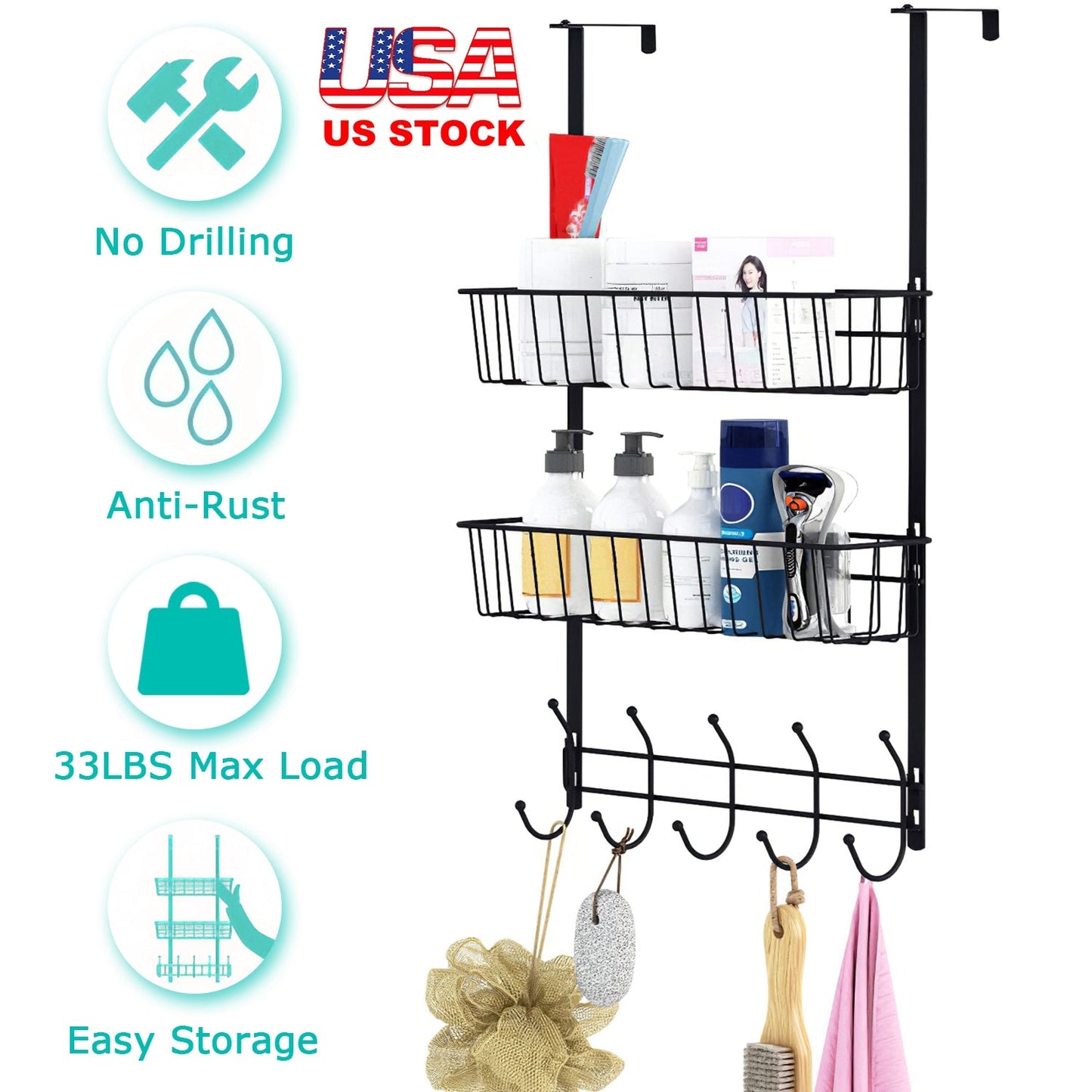 Over The Door Hooks Organizer Door Towel Rack Hanger 5 Hooks with 2 Metal Baskets for Bathroom Bedroom Kitchen Storage Shelf