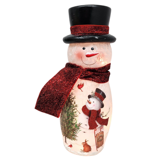 Lighted Glass Vase - Delightful Snowman -9 Inches tall